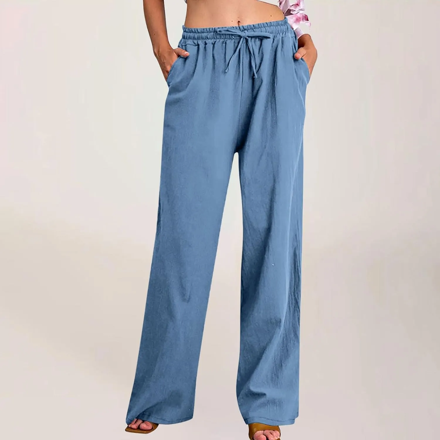 Linen Pants for Women Summer Wide Leg Casual Beach Trousers High Waisted Drawstring Palazzo Lounge Pants with Pockets