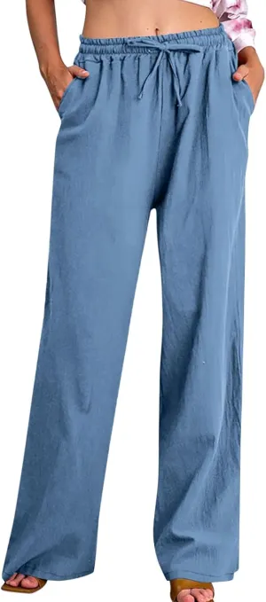 Linen Pants for Women Summer Wide Leg Casual Beach Trousers High Waisted Drawstring Palazzo Lounge Pants with Pockets