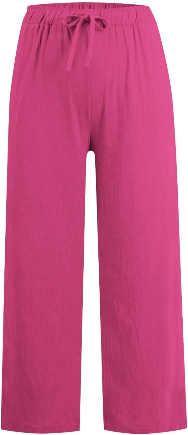 Linen Pants for Women Summer Wide Leg Casual Beach Trousers High Waisted Drawstring Palazzo Lounge Pants with Pockets