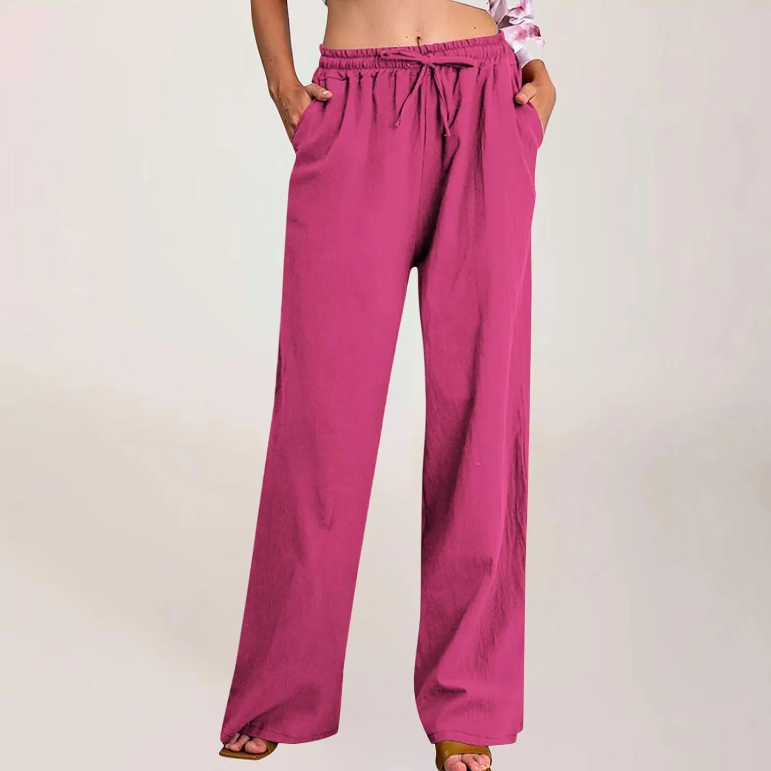 Linen Pants for Women Summer Wide Leg Casual Beach Trousers High Waisted Drawstring Palazzo Lounge Pants with Pockets