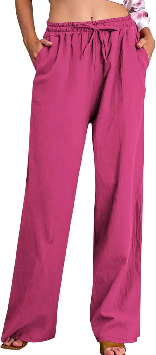 Linen Pants for Women Summer Wide Leg Casual Beach Trousers High Waisted Drawstring Palazzo Lounge Pants with Pockets