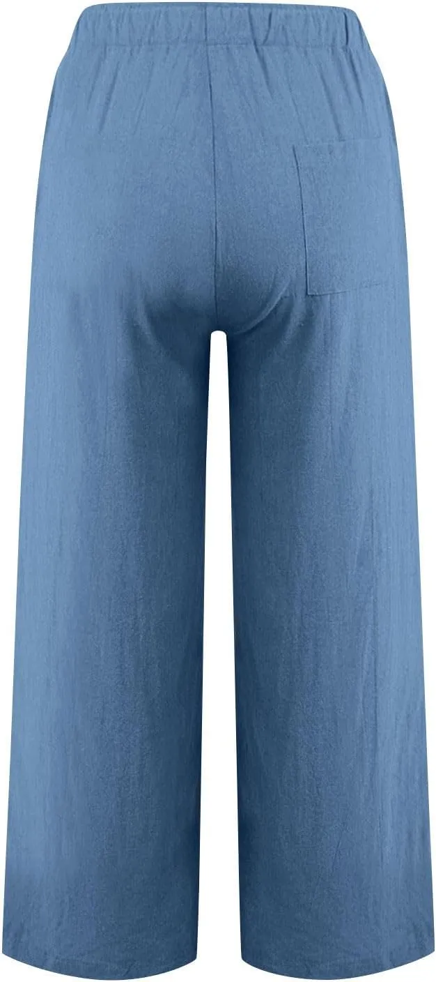 Linen Pants for Women Summer Wide Leg Casual Beach Trousers High Waisted Drawstring Palazzo Lounge Pants with Pockets