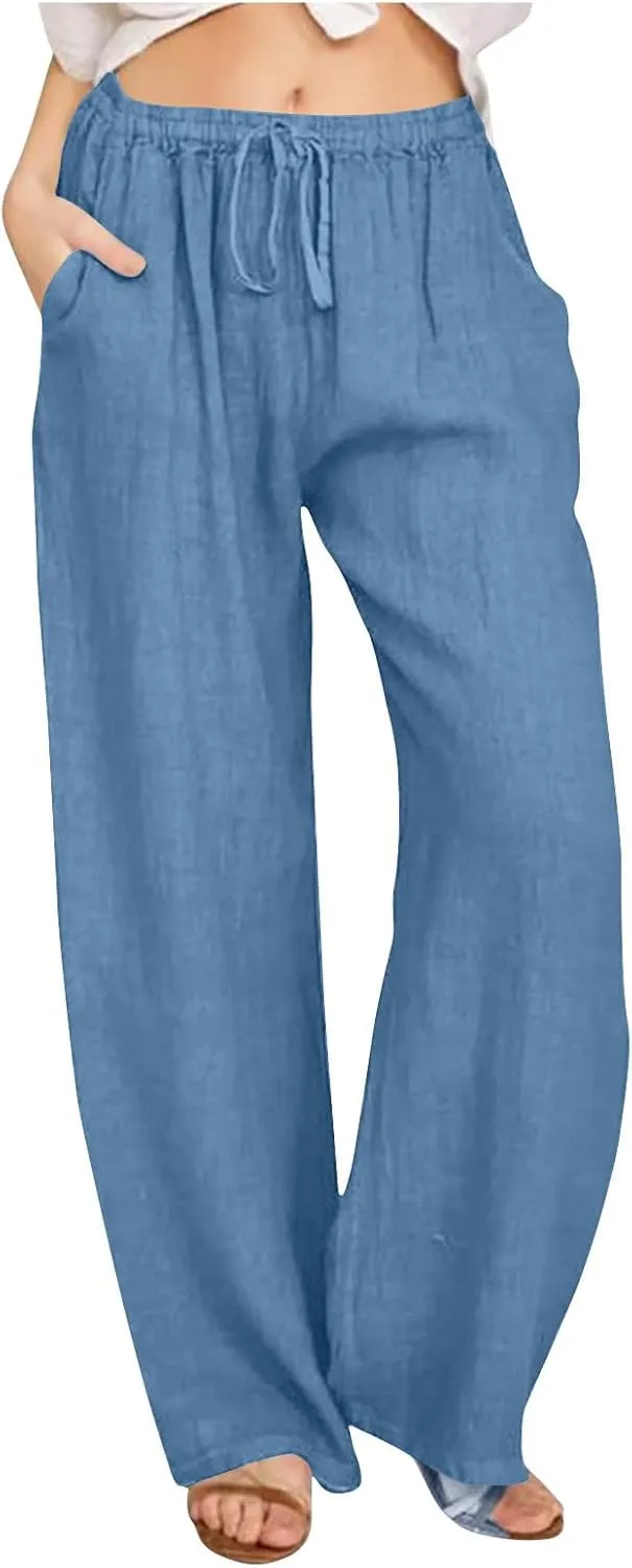 Linen Pants for Women Summer Wide Leg Casual Beach Trousers High Waisted Drawstring Palazzo Lounge Pants with Pockets