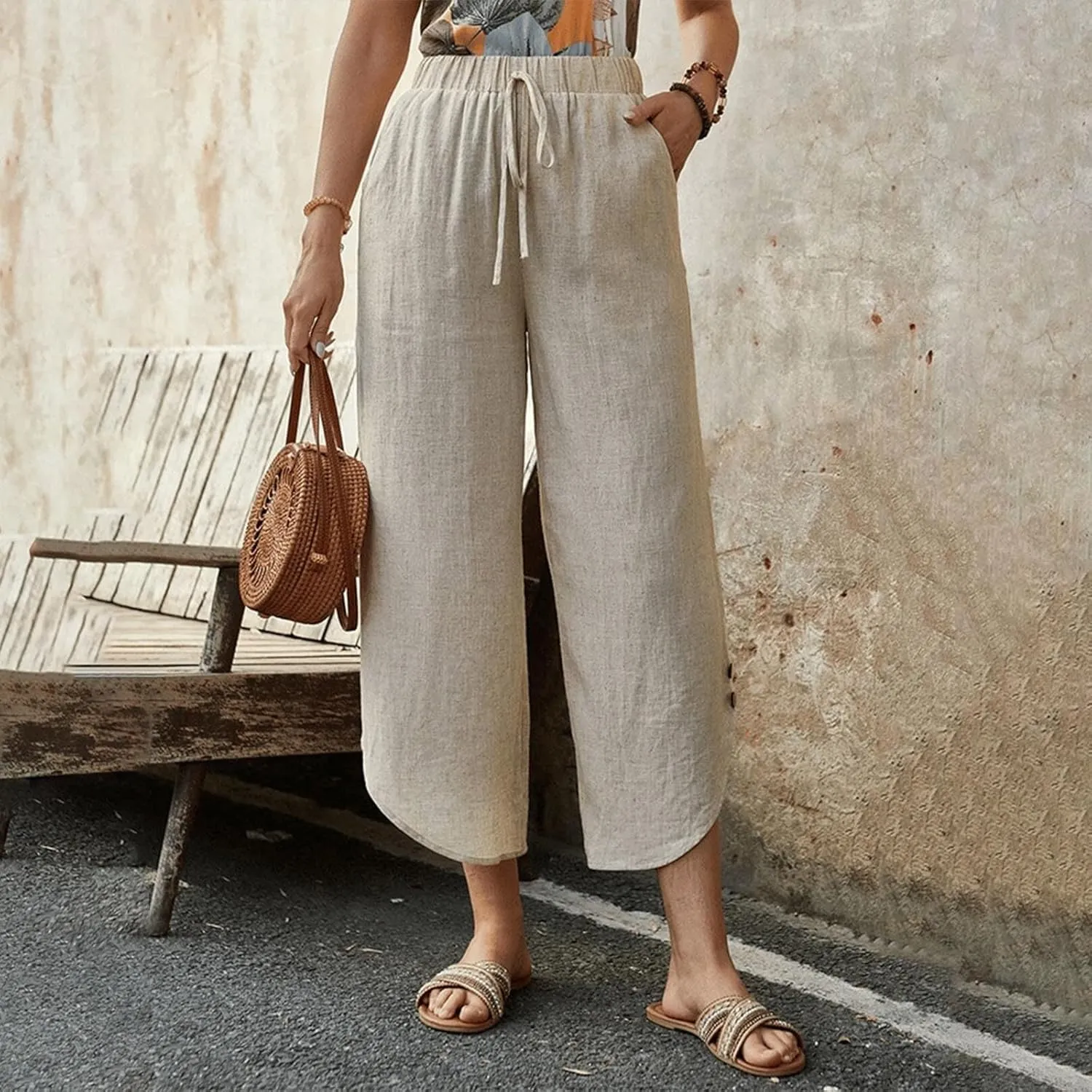 Linen Pants for Women Wide Leg Pants Summer Palazzo Flowy Beach Pants Elastic Waist Drawstring Trousers with Pockets