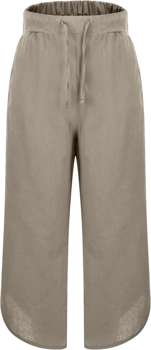 Linen Pants for Women Wide Leg Pants Summer Palazzo Flowy Beach Pants Elastic Waist Drawstring Trousers with Pockets