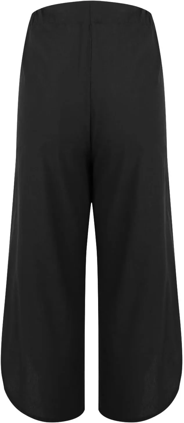 Linen Pants for Women Wide Leg Pants Summer Palazzo Flowy Beach Pants Elastic Waist Drawstring Trousers with Pockets