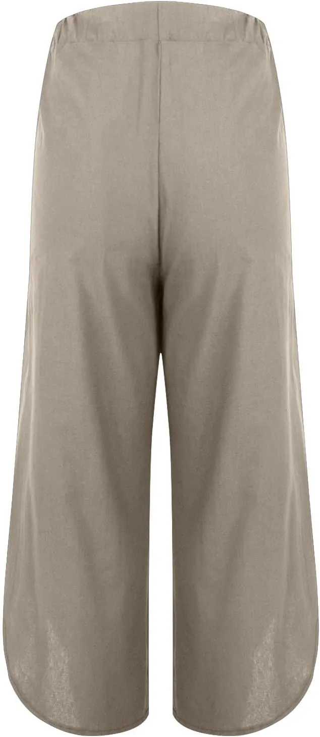 Linen Pants for Women Wide Leg Pants Summer Palazzo Flowy Beach Pants Elastic Waist Drawstring Trousers with Pockets