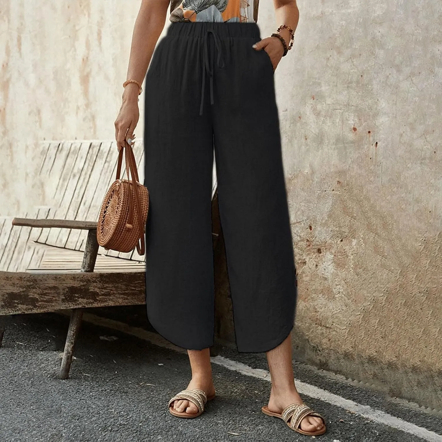 Linen Pants for Women Wide Leg Pants Summer Palazzo Flowy Beach Pants Elastic Waist Drawstring Trousers with Pockets