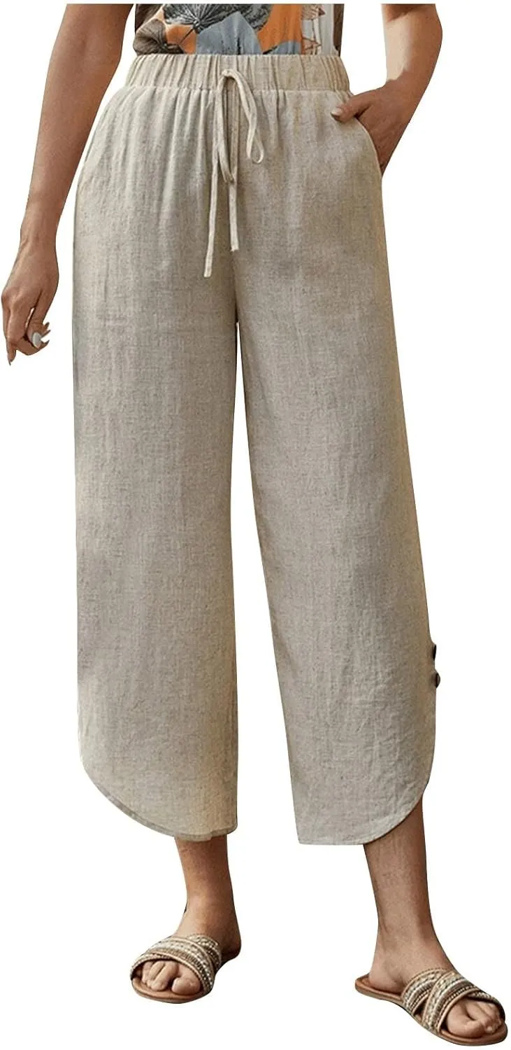Linen Pants for Women Wide Leg Pants Summer Palazzo Flowy Beach Pants Elastic Waist Drawstring Trousers with Pockets