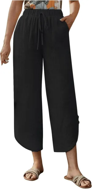 Linen Pants for Women Wide Leg Pants Summer Palazzo Flowy Beach Pants Elastic Waist Drawstring Trousers with Pockets