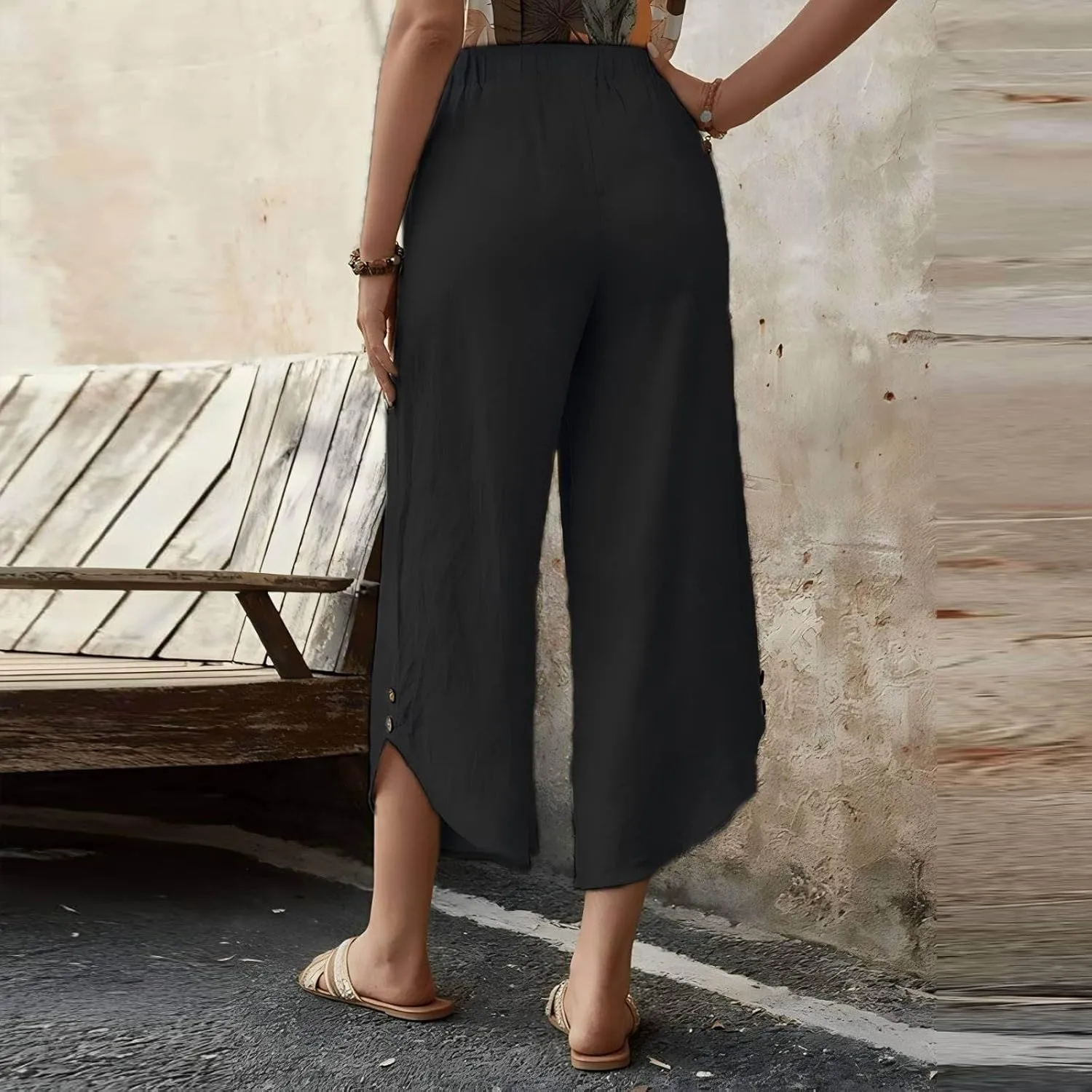 Linen Pants for Women Wide Leg Pants Summer Palazzo Flowy Beach Pants Elastic Waist Drawstring Trousers with Pockets