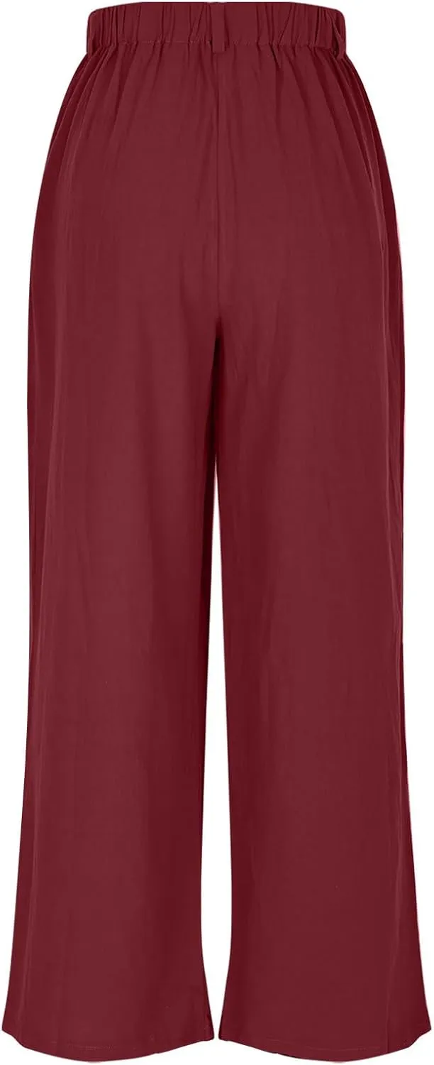 Linen Pants Women Casual Wide Leg Pleated Cropped Trouser Summer High Waist Lounge Palazzo Lightweight Beach Pants
