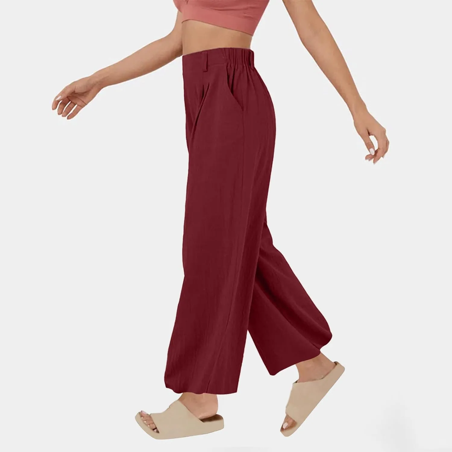 Linen Pants Women Casual Wide Leg Pleated Cropped Trouser Summer High Waist Lounge Palazzo Lightweight Beach Pants