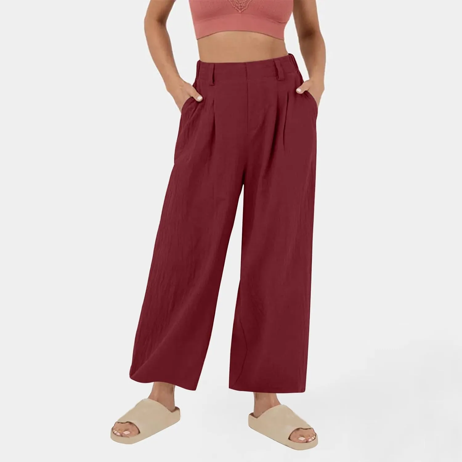 Linen Pants Women Casual Wide Leg Pleated Cropped Trouser Summer High Waist Lounge Palazzo Lightweight Beach Pants
