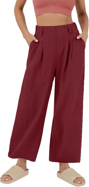 Linen Pants Women Casual Wide Leg Pleated Cropped Trouser Summer High Waist Lounge Palazzo Lightweight Beach Pants