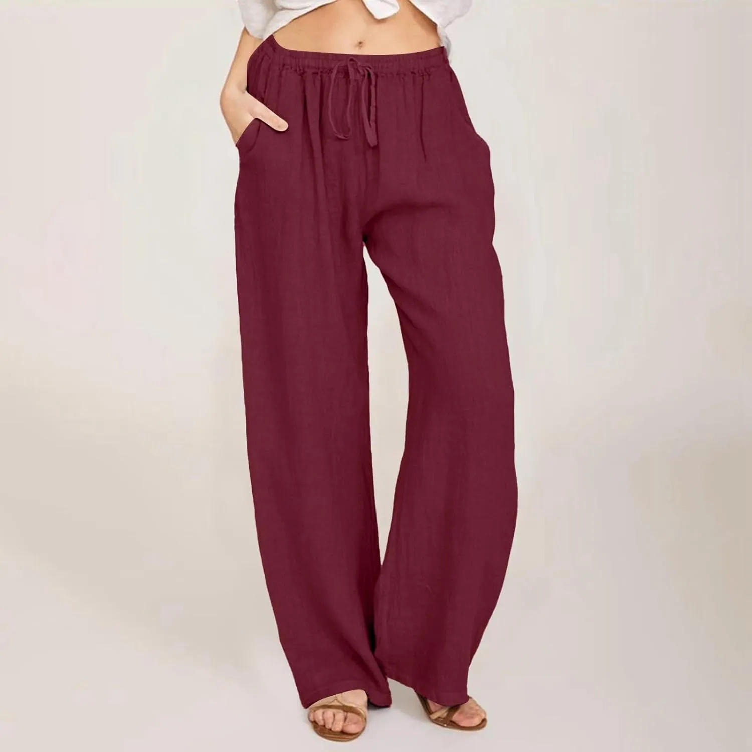 Linen Pants Women Drawstring Elastic High Waist Pants Solid Color Straight Leg Lightweight Casual Loose Trousers with Pockets