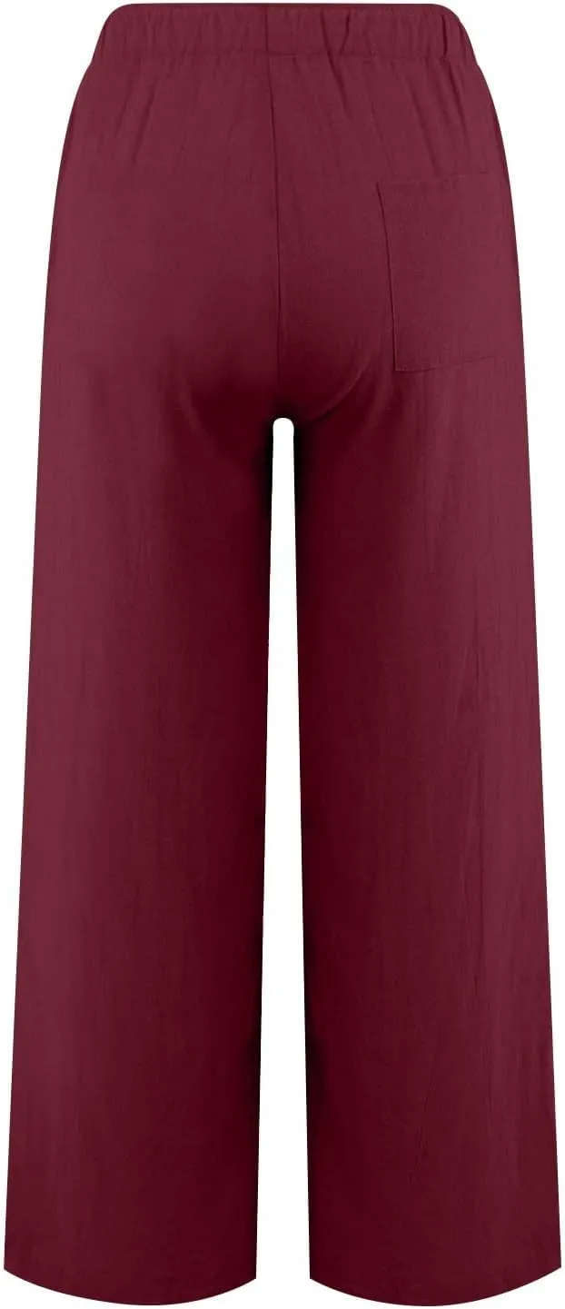 Linen Pants Women Drawstring Elastic High Waist Pants Solid Color Straight Leg Lightweight Casual Loose Trousers with Pockets