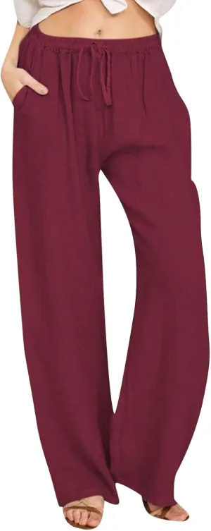 Linen Pants Women Drawstring Elastic High Waist Pants Solid Color Straight Leg Lightweight Casual Loose Trousers with Pockets
