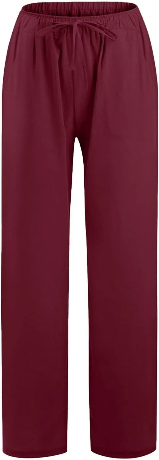 Linen Pants Women Drawstring Elastic High Waist Pants Solid Color Straight Leg Lightweight Casual Loose Trousers with Pockets