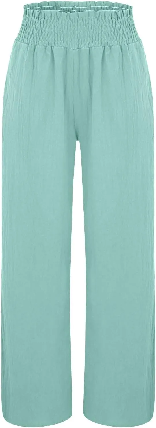 Linen Pants Women Elastic High Waisted Wide Leg Boho Palazzo Capri Pants Lounge Summer Harem Work Pants Trousers 2025