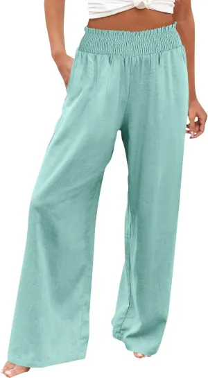 Linen Pants Women Elastic High Waisted Wide Leg Boho Palazzo Capri Pants Lounge Summer Harem Work Pants Trousers 2025