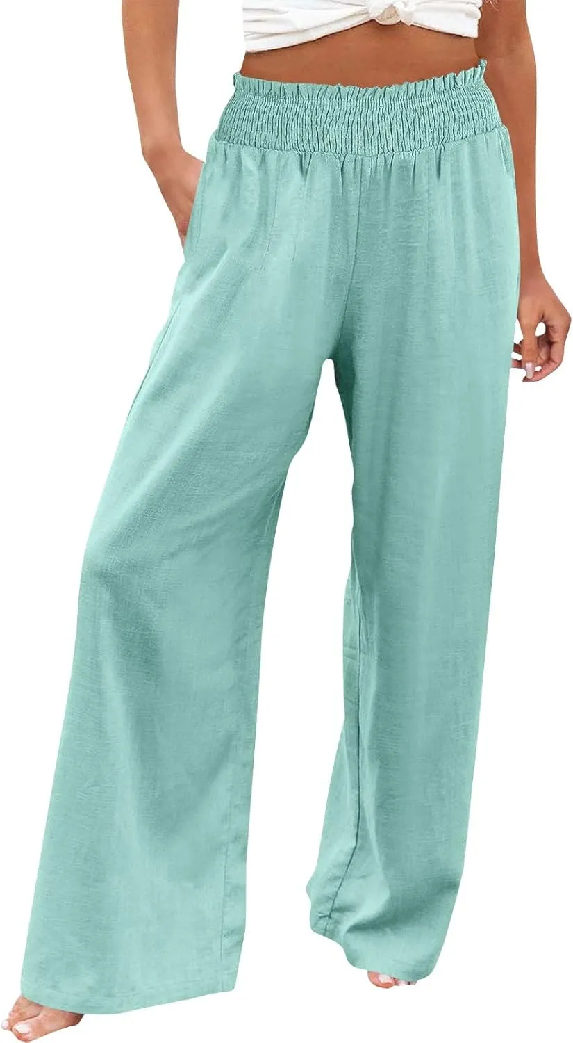 Linen Pants Women Elastic High Waisted Wide Leg Boho Palazzo Capri Pants Lounge Summer Harem Work Pants Trousers 2025