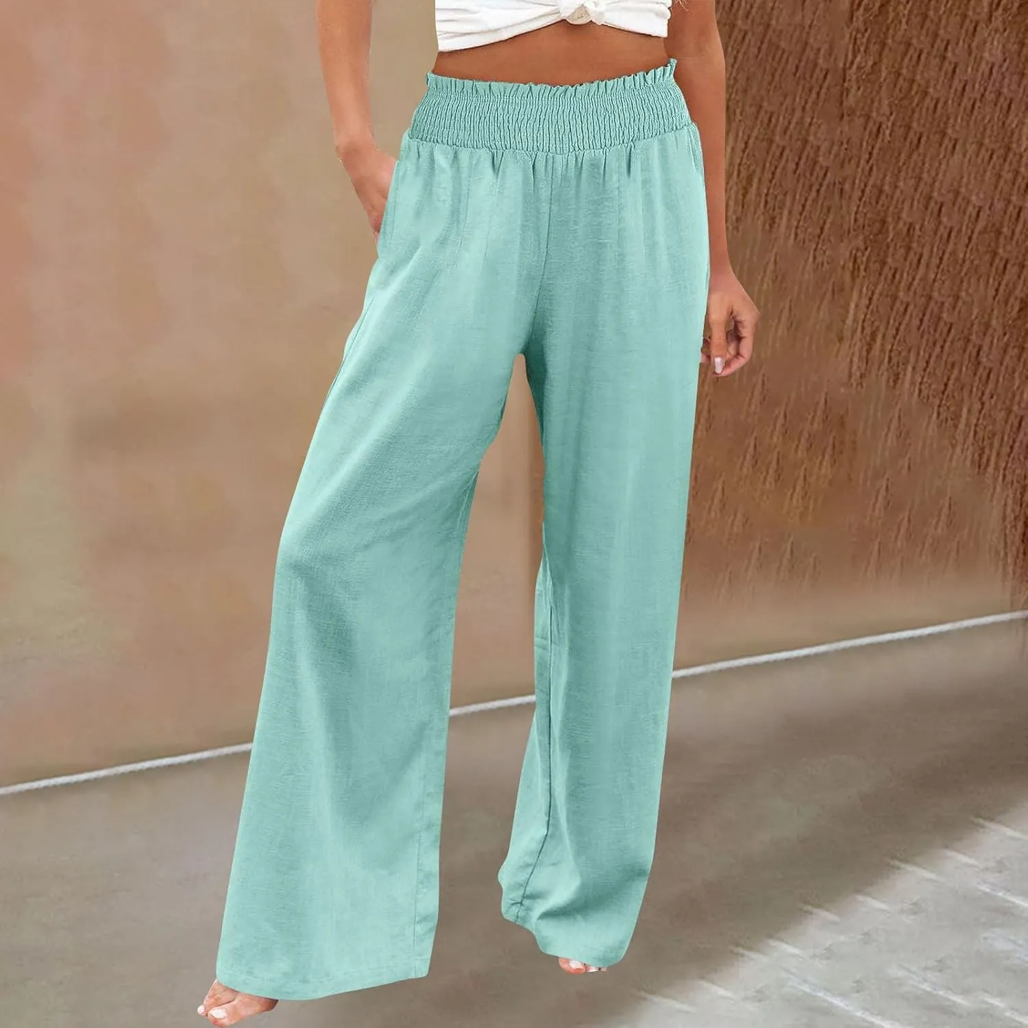 Linen Pants Women Elastic High Waisted Wide Leg Boho Palazzo Capri Pants Lounge Summer Harem Work Pants Trousers 2025