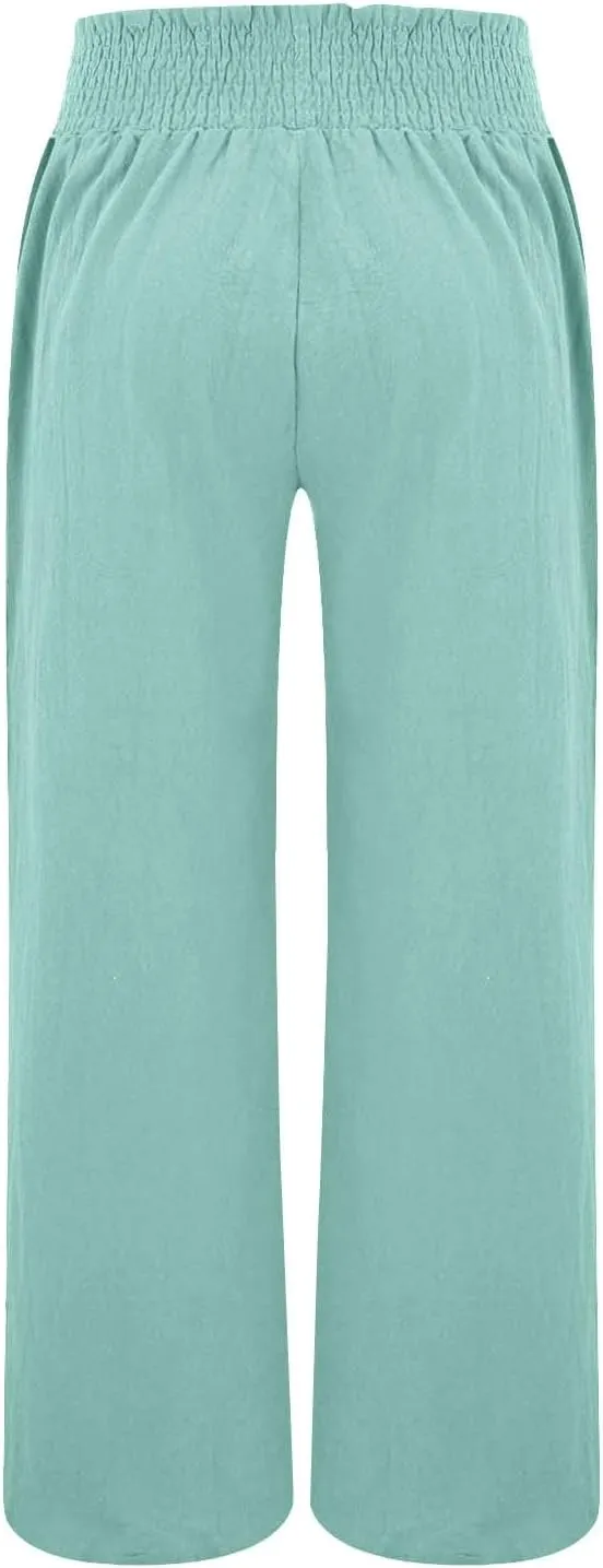 Linen Pants Women Elastic High Waisted Wide Leg Boho Palazzo Capri Pants Lounge Summer Harem Work Pants Trousers 2025