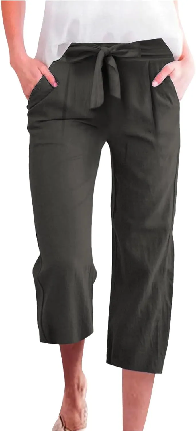 Linen Pants Women High Waist Wide Leg Elastic Drawstring Pants Women with Pockets Lounge Comfy Work Trousers