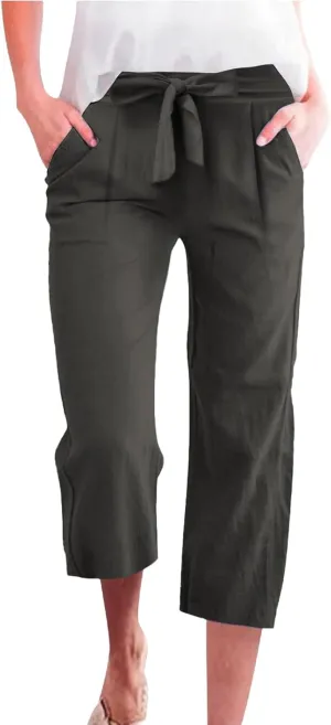 Linen Pants Women High Waist Wide Leg Elastic Drawstring Pants Women with Pockets Lounge Comfy Work Trousers