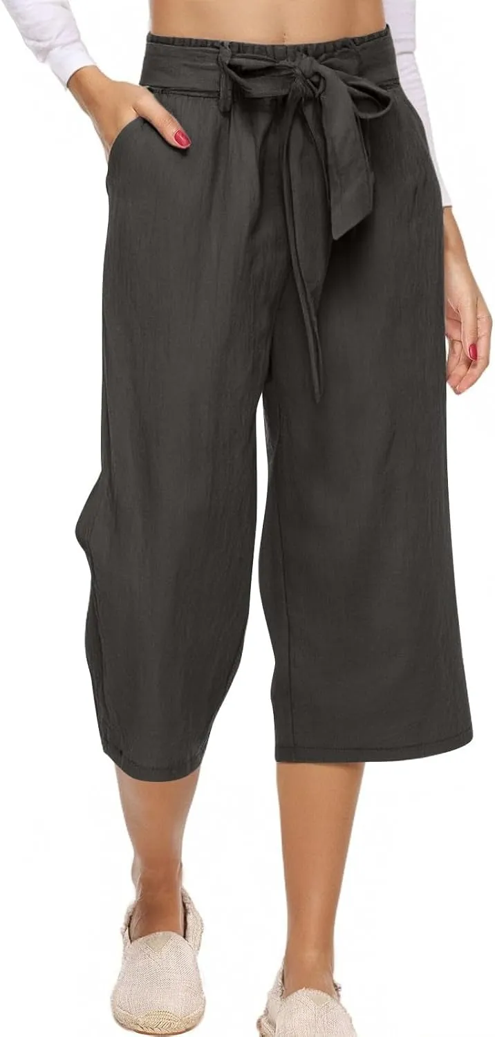 Linen Pants Women High Waist Wide Leg Elastic Drawstring Pants Women with Pockets Lounge Comfy Work Trousers