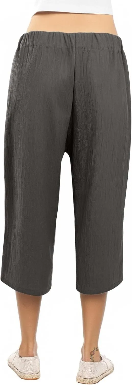 Linen Pants Women High Waist Wide Leg Elastic Drawstring Pants Women with Pockets Lounge Comfy Work Trousers