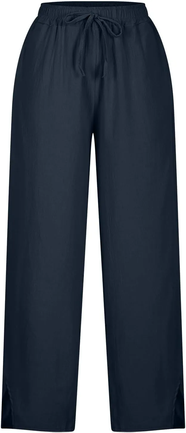Linen Pants Women Summer Beach Elastic High Waist Lounge Pant Straight Leg Casual Loose Lightweight Fashion Trousers