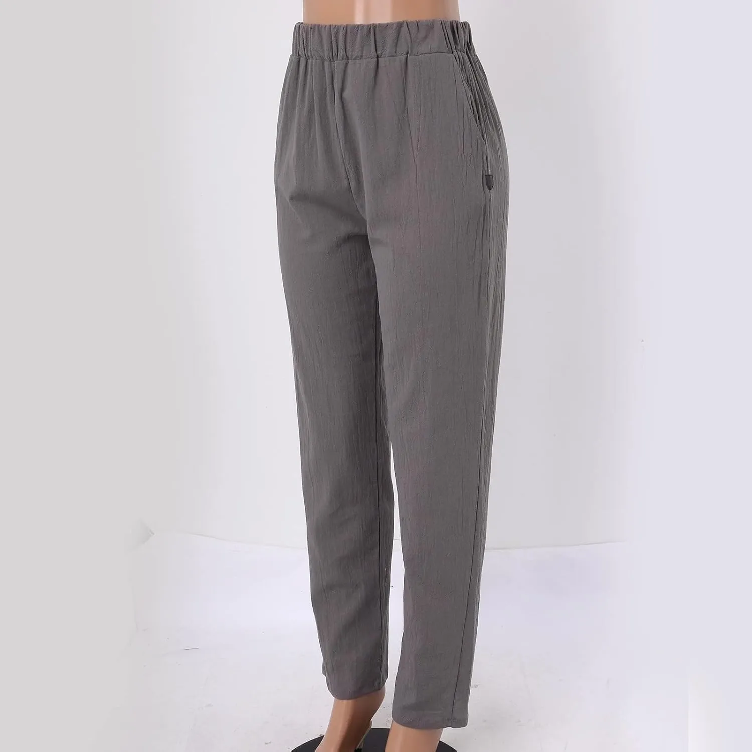 Linen Pants Women Summer Elastic Waist Straight Leg Lounge Pants Solid Color Lightweight Trendy Trousers with Pocket