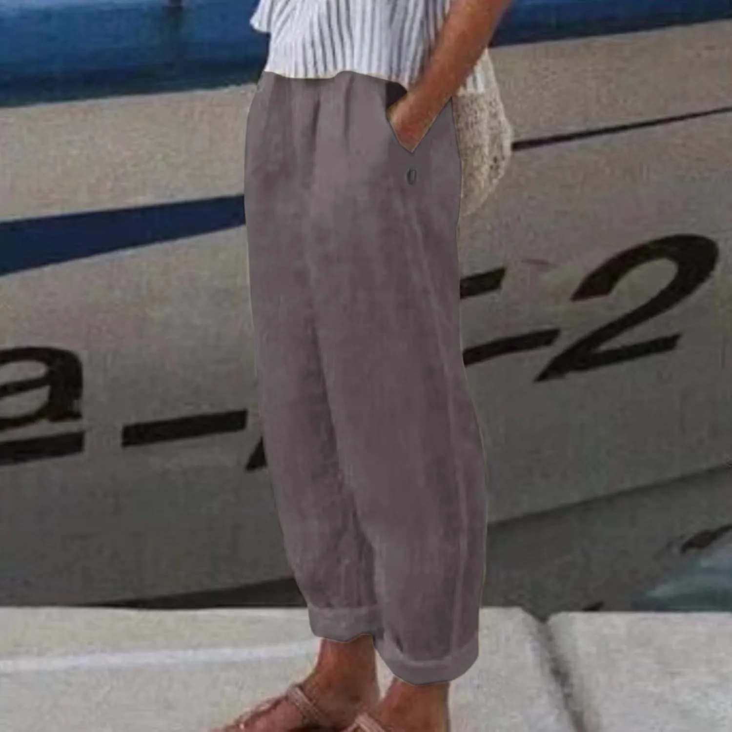 Linen Pants Women Summer Elastic Waist Straight Leg Lounge Pants Solid Color Lightweight Trendy Trousers with Pocket