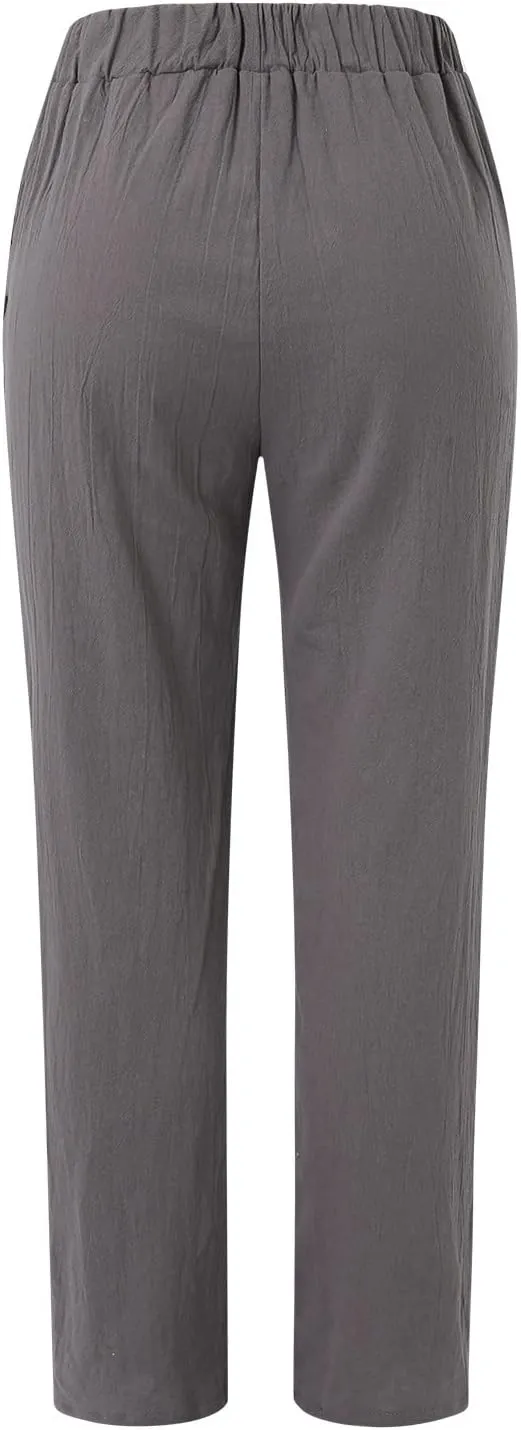 Linen Pants Women Summer Elastic Waist Straight Leg Lounge Pants Solid Color Lightweight Trendy Trousers with Pocket