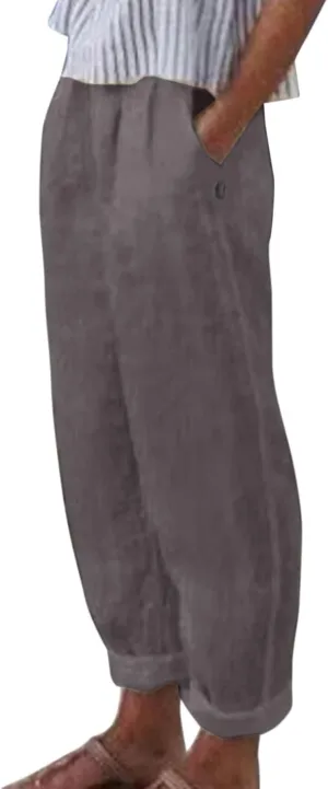 Linen Pants Women Summer Elastic Waist Straight Leg Lounge Pants Solid Color Lightweight Trendy Trousers with Pocket