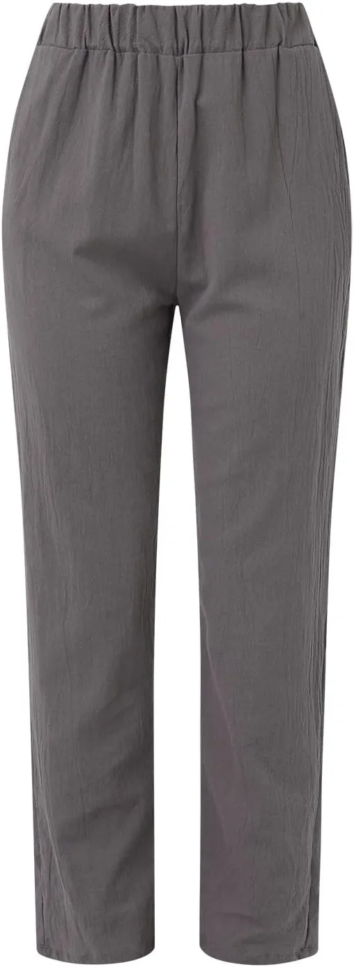 Linen Pants Women Summer Elastic Waist Straight Leg Lounge Pants Solid Color Lightweight Trendy Trousers with Pocket