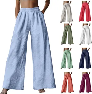 Linen Pants Women Summer Wide Leg Elastic High Waist Pants Summer Casual Long Trousers with Pockets Boho Clothes