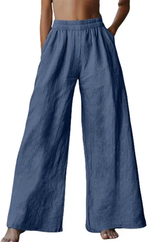Linen Pants Women Summer Wide Leg Elastic High Waist Pants Summer Casual Long Trousers with Pockets Boho Clothes