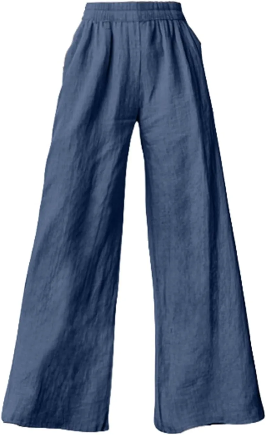 Linen Pants Women Summer Wide Leg Elastic High Waist Pants Summer Casual Long Trousers with Pockets Boho Clothes