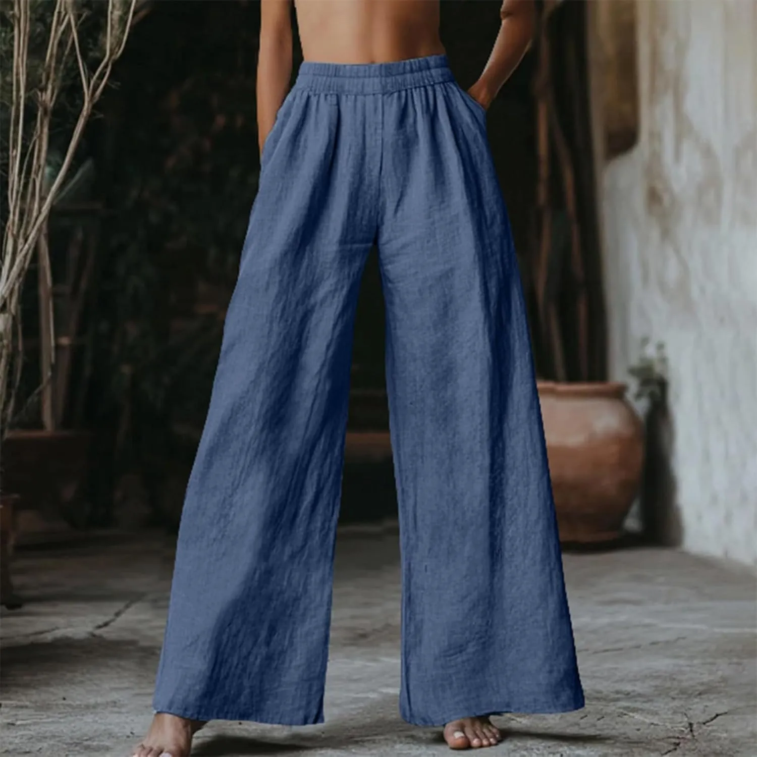 Linen Pants Women Summer Wide Leg Elastic High Waist Pants Summer Casual Long Trousers with Pockets Boho Clothes