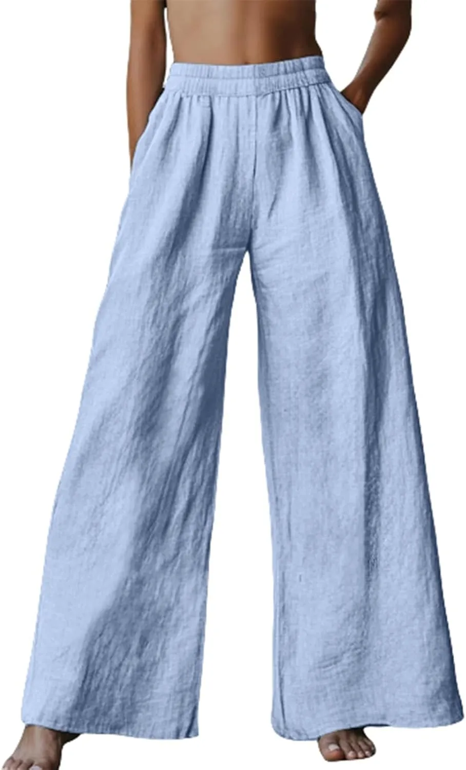 Linen Pants Women Summer Wide Leg Elastic High Waist Pants Summer Casual Long Trousers with Pockets Boho Clothes