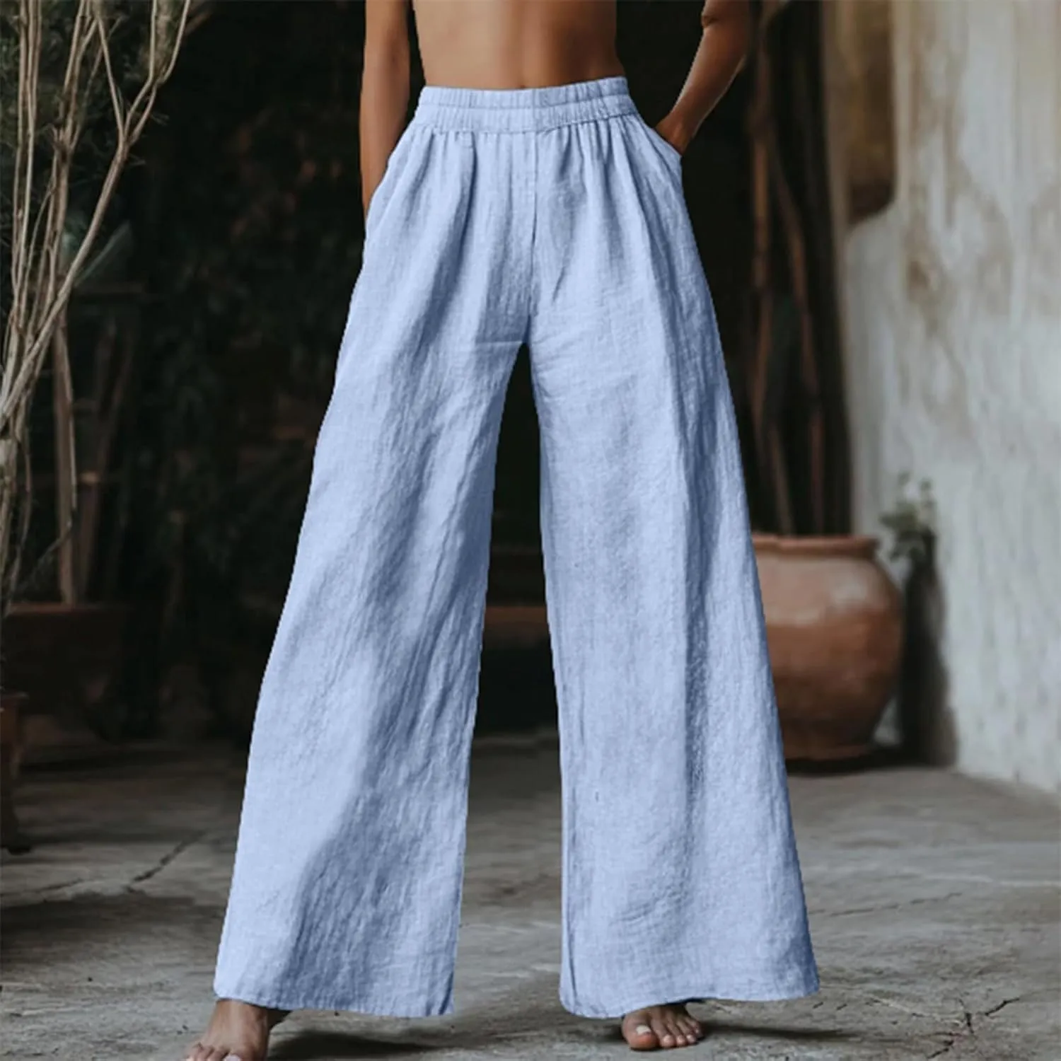 Linen Pants Women Summer Wide Leg Elastic High Waist Pants Summer Casual Long Trousers with Pockets Boho Clothes