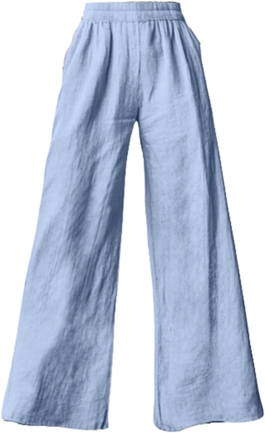 Linen Pants Women Summer Wide Leg Elastic High Waist Pants Summer Casual Long Trousers with Pockets Boho Clothes