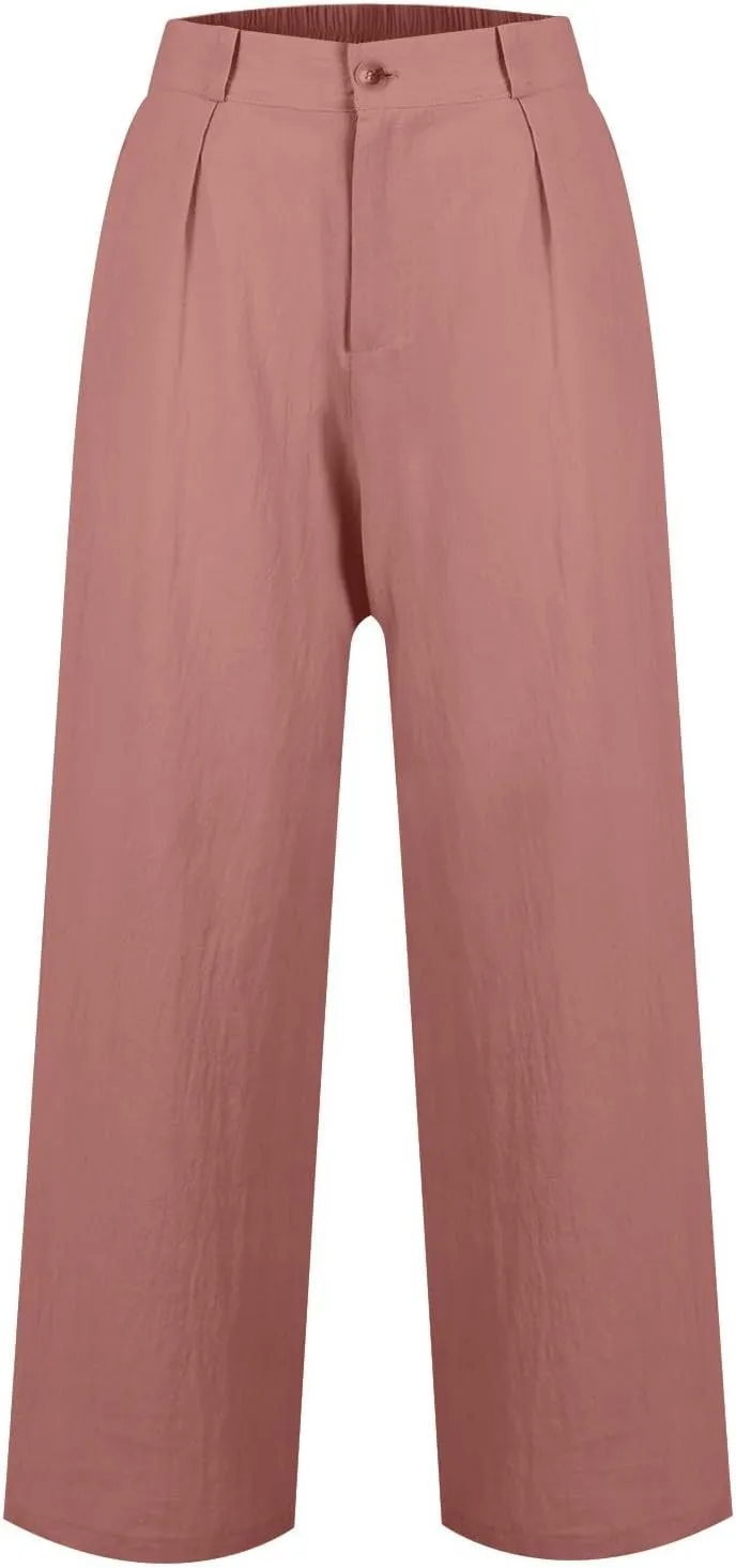 Linen Wide Leg Pants for Women Business Casual High Waisted Dress Pants Office Work Pants Straight Trousers w/Pockets