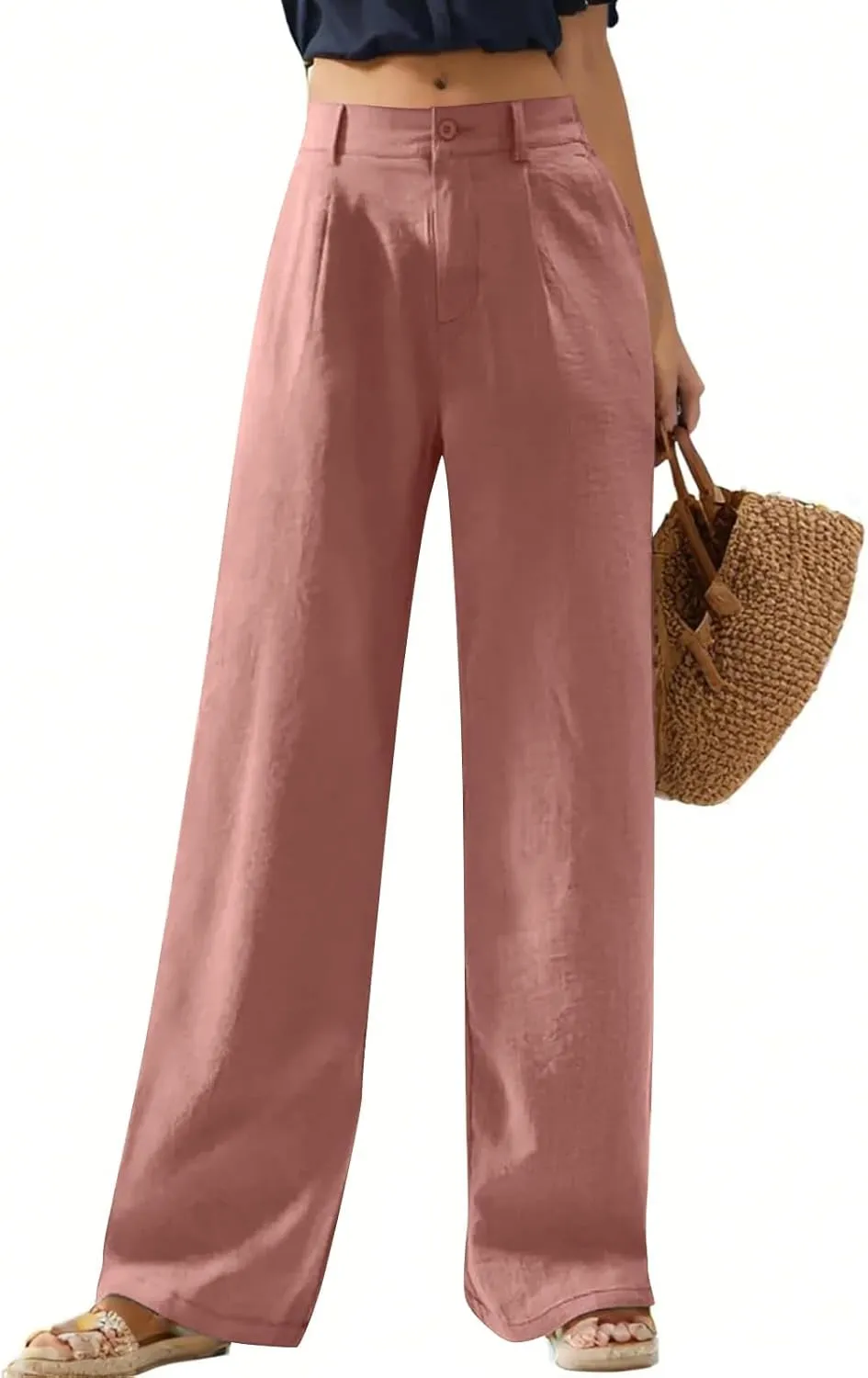 Linen Wide Leg Pants for Women Business Casual High Waisted Dress Pants Office Work Pants Straight Trousers w/Pockets