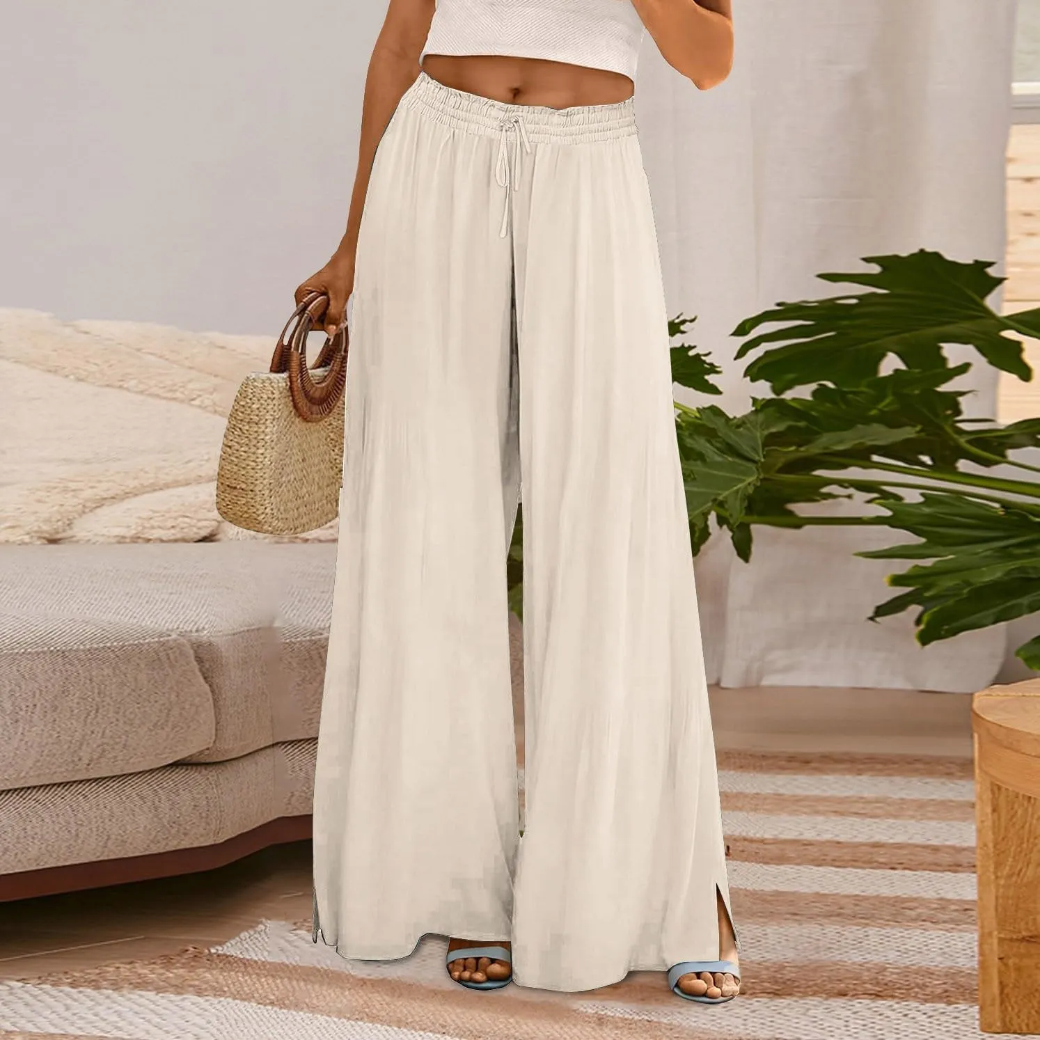 Linen Wide Leg Pants for Women Stretch Smocked High Waisted Ruffle Hem Palazzo Pants 2025 Summer Loose Beach Pants