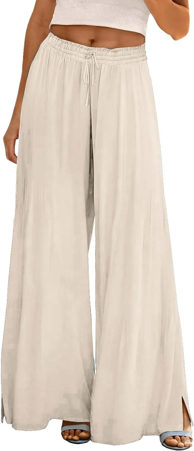Linen Wide Leg Pants for Women Stretch Smocked High Waisted Ruffle Hem Palazzo Pants 2025 Summer Loose Beach Pants