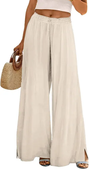 Linen Wide Leg Pants for Women Stretch Smocked High Waisted Ruffle Hem Palazzo Pants 2025 Summer Loose Beach Pants